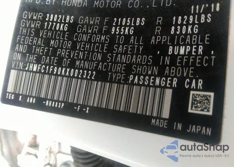 2019 Honda Civic Touring z USA, uszkodzony, nr VIN JHMFC1F90KX002322